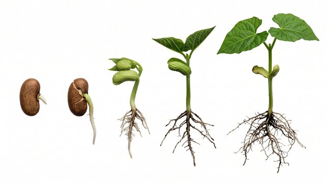 Bean seedling growth stages show progressive root and leaf development over a clean white background.