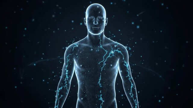 Futuristic digital human surrounded by glowing blue energy and electric particles, representing artificial intelligence, advanced technology, innovation and digital transformation.