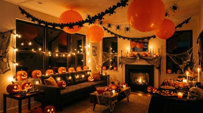 Living room decorated for Halloween party. Carved pumpkins, orange balloons, bat garland and burning fireplace. Cozy home interior with spooky holiday decor and treats.