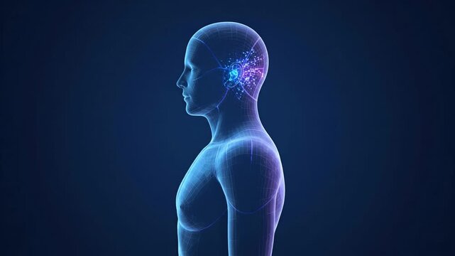 Futuristic digital female human model with glowing blue wireframe body on a dark background, representing artificial intelligence, virtual identity and advanced digital technology.