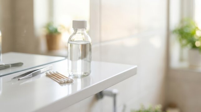 First aid supplies on a clean shelf: tweezers, cotton swabs, and hydrogen peroxide bottle with copy space