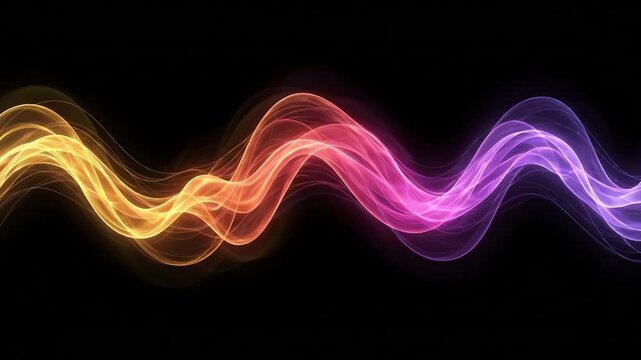 Colorful glowing energy waves flowing across a black background in orange, pink and purple tones, representing sound, digital technology, data flow, frequency and communication.