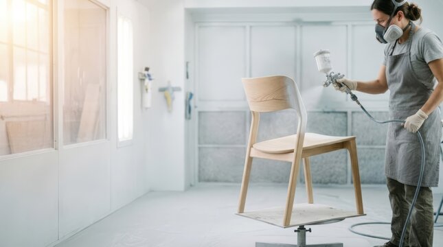 Professional spraying primer onto a wooden chair in a clean spray booth, preparing for finishing with ample copy space