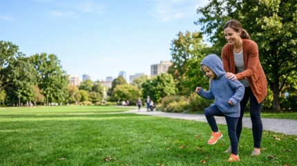 Fototapeta premium Mother and child exercising in a sunny park, promoting family wellness and active lifestyle outdoors