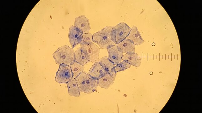 Close-up view of epithelial cells under microscope showing detailed cellular structure