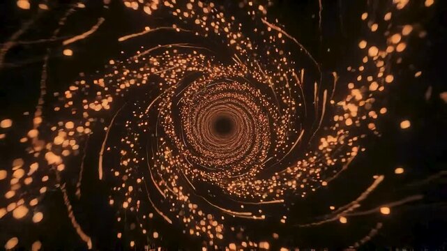Golden spark particle swirl into glowing vortex tunnel with warm orange light motion background