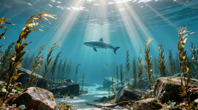 Majestic Shark Swimming Through Sunlit Kelp Forest in Crystal Clear Deep Ocean Waters