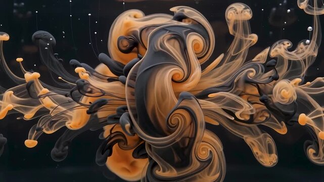 Abstract black and gold liquid smoke swirl together forming dramatic flowing artistic background pattern