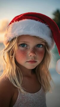 Portrait of a young girl with freckles wearing a Santa hat