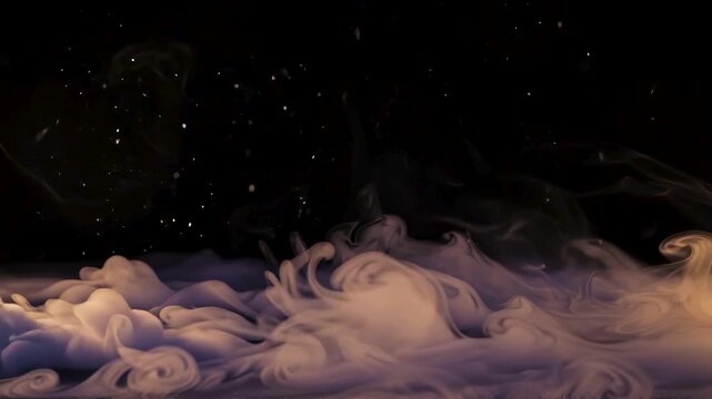 Dark mysterious smoke drift slowly with sparkling particle floating through cold night sky scene
