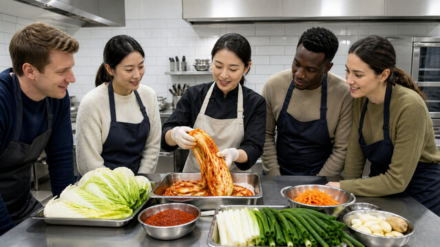 Korean instructor demonstrating kimchi to international students