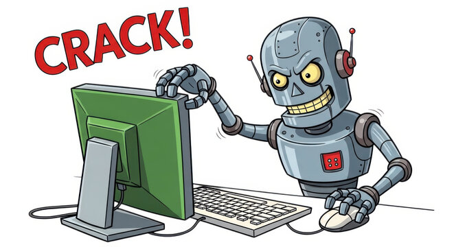 Robot breaking a trash can isolated on transparent background