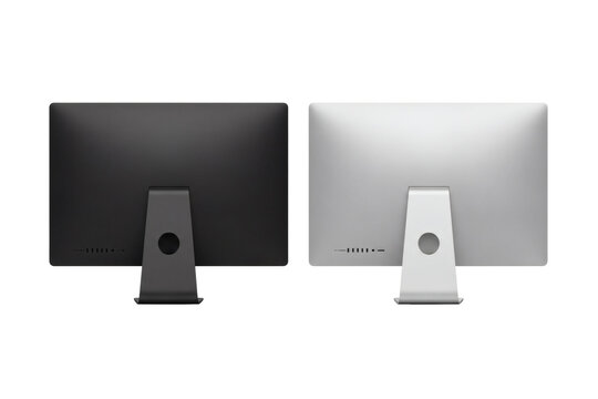 Close up view showcasing the rear panel design and stand connection of two modern all-in-one desktop computer displays in contrasting colors&nbsp;