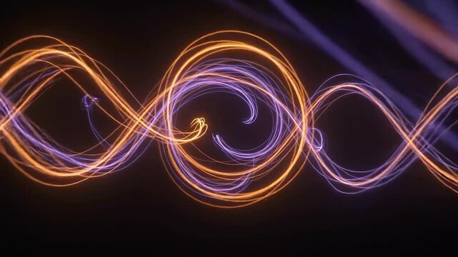 Abstract flowing light strand in orange and purple weaving smooth motion graphic background loop