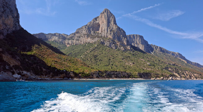 picturesque coastal landscape and turquoise sea at baunei coast, sardinia, italy