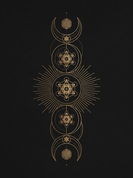 Golden sacred geometry symbols with Metatron's Cube and crescent moons on a dark background, featuring a central sunburst design.