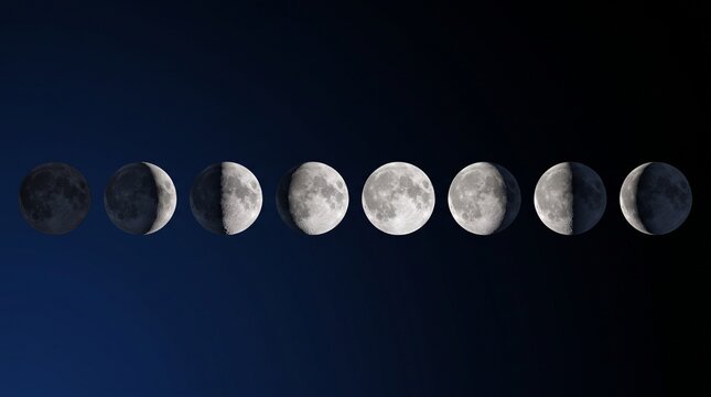 A horizontal sequence of the moon's phases, from new moon to full moon and back, against a dark blue night sky.