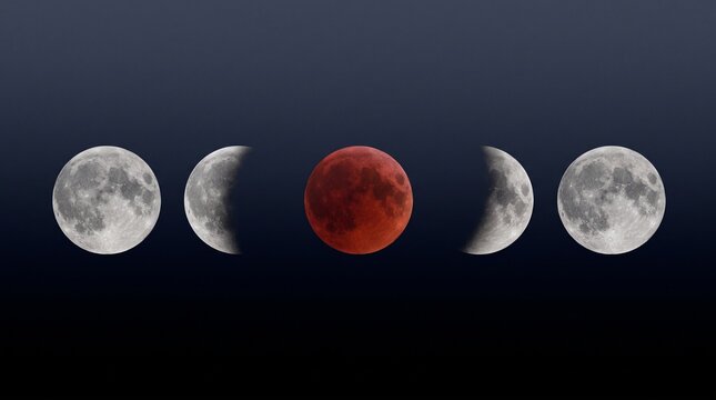 A stunning composite image showcasing the various phases of a total lunar eclipse, from full moon to blood moon and back again, against a dark night sky.