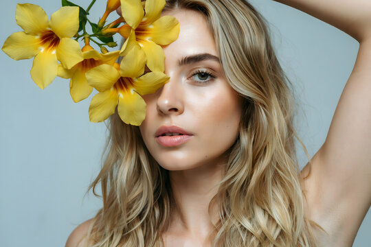 Close up portrait of a blonde woman with wavy hair holding yellow flowers near her face against a light blue studio background shot