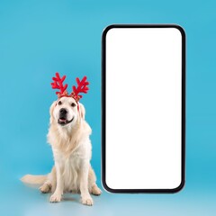 Naklejka premium Happy Golden Retriever Dog Wearing Reindeer Antlers, Smiling Cheerfully While Sitting Next To Empty Smartphone Screen, Ideal For Christmas-themed Advertising In Studio Setting.