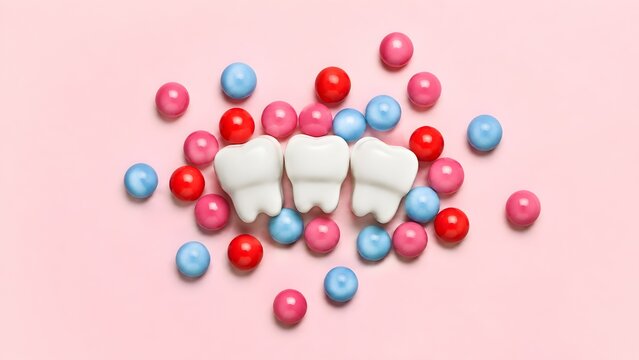 Three white tooth models surrounded by red, pink, and blue bubblegum balls on a pink background. Concept of pediatric dental health awareness, sugar effect on children's teeth, and preventing cavities