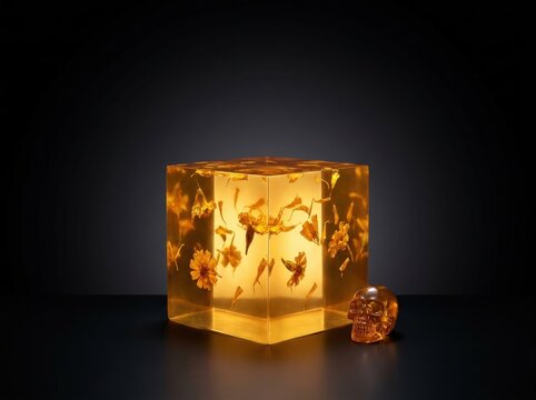 Amber resin cube with embedded flowers and decorative skull on dark background