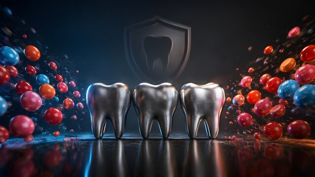 Three metallic tooth models surrounded by red, pink, and blue bubblegum balls on a dark surface. Concept of pediatric dental health awareness, sugar effect on children's teeth, and preventing cavities