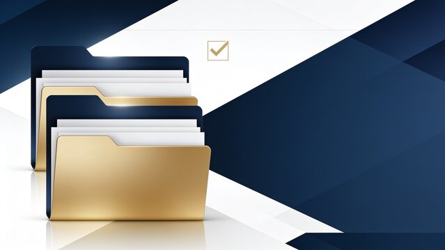 Gold and navy file folders with documents and check mark &mdash; background for document management, audit, compliance, business headers