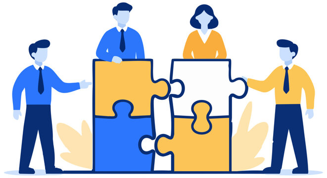 Business team collaboration concept with Jigsaw puzzle pieces illustration. Corporate workers assembling puzzle fragments together. Flat design vector graphic for teamwork, unity