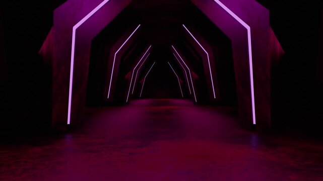 Simple Shapes Abstract Motion Graphics Tunnel Loop with Glowing Purple Neon Lights Futuristic Architectural Pathway for Digital Journeys and Cyberpunk