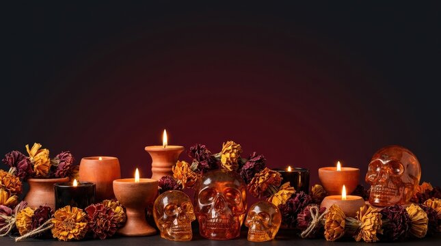 Ofrenda tableau with skulls, candles, and marigold flowers for Dia de los Muertos celebration