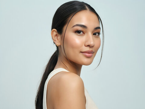 Portrait of a young asian woman with a ponytail, natural makeup, and glowing skin, wearing a white looking at the camera, neutral background