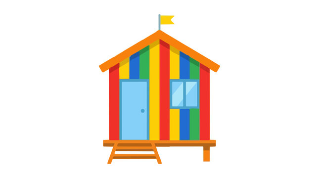 Brightly colored striped beach hut with a flag, representing summer vacation travel and seaside coastal tourism