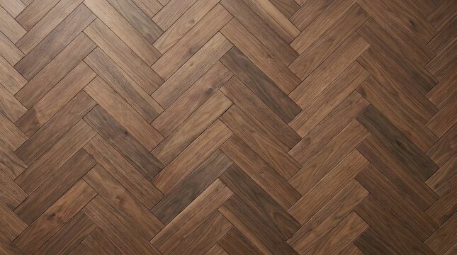 A high resolution top view shot of a classic dark brown walnut wood floor featuring a seamless herringbone pattern with natural grain and smooth wooden texture, isolated on a white background