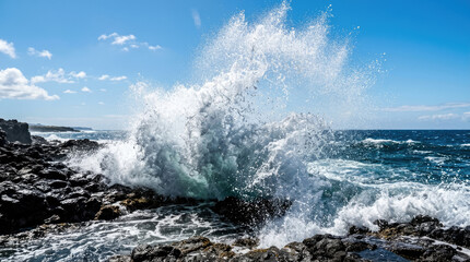 Fototapeta premium Powerful ocean wave splashing against dark volcanic rocks on a sunny coast, showing dynamic natural energy