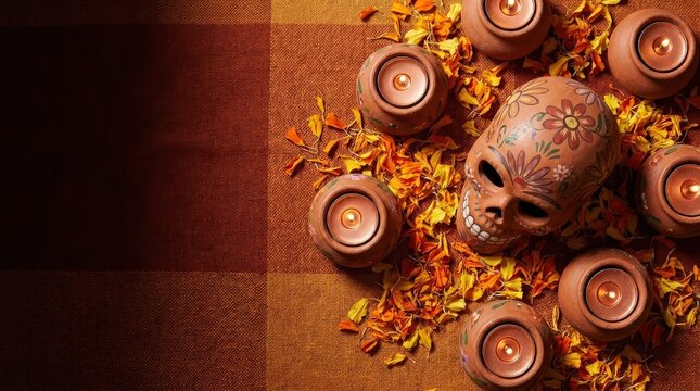 Terracotta ofrenda arrangement with decorative skull and candles on colorful fabric background