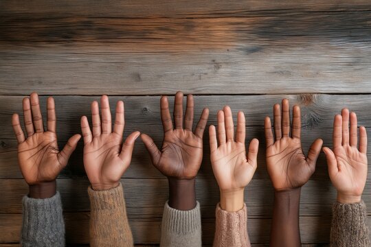 Diverse hands reaching upward on wooden background, symbolizing unity, collaboration, equality, and active participation, conveying teamwork, inclusivity,  