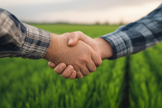 Farmer and businessman shaking hands in lush green field, symbolizing agricultural partnership, trust, collaboration, and agreement, highlighting cooperation between farming and business sectors.