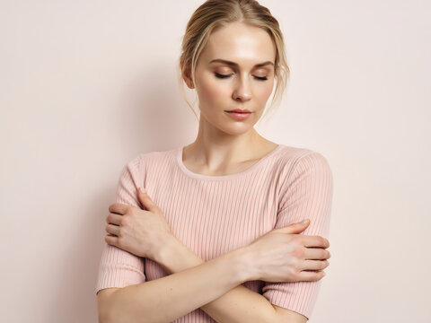 Young blonde woman with closed eyes, wearing a ribbed light pink shirt, hugging herself, standing against a soft, neutral, light background