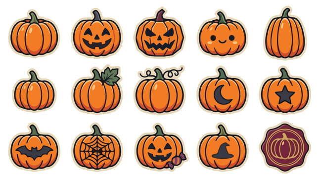 Cute cartoon pumpkin set, halloween icons collection, jack-o-lanterns with spooky designs, vector illustrations for autumn holiday, seasonal graphic resources, orange pumpkins with stars, moons