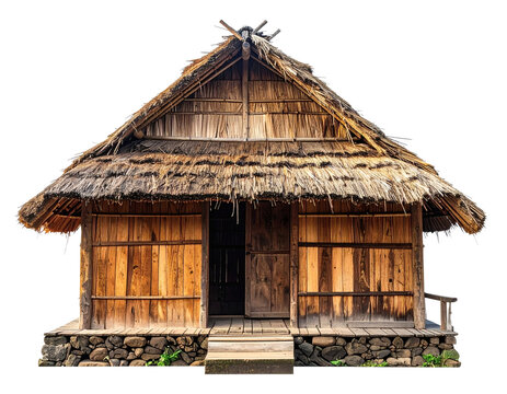 Traditional wooden hut with a thatched roof and a stone foundation featuring rustic timber walls and an open wooden door for entry&nbsp;