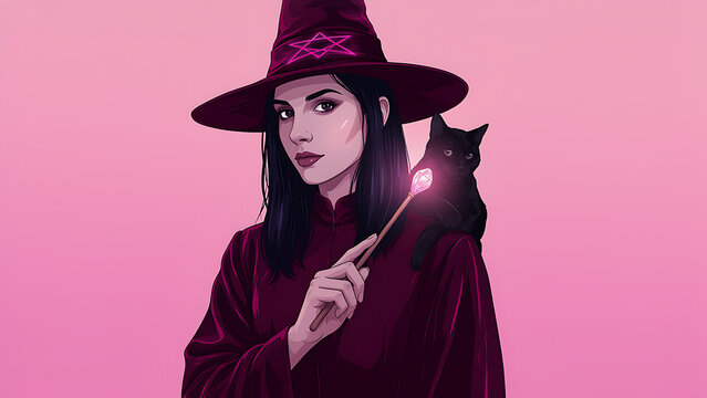 Stylish young witch holding a glowing crystal wand with a black cat companion perched on her shoulder, created with generative AI.