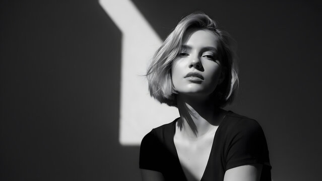Black and white portrait of a young woman with short blonde hair, illuminated by a sharp, angular beam of light against a dark background