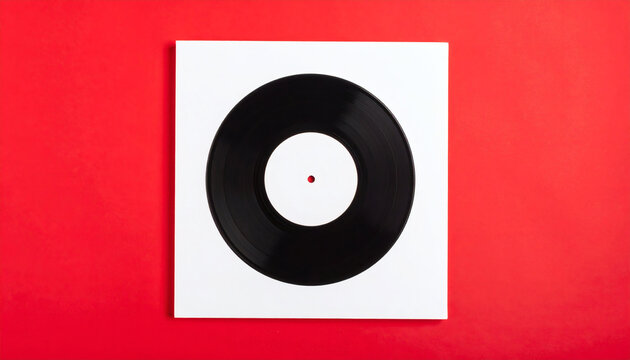 Vinyl record disc with blank white paper sleeve placed centrally on a vibrant solid red background, top view photography