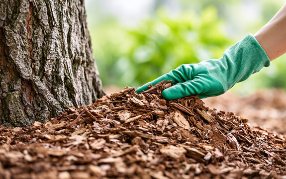 Gardener hands in green gloves mulching tree with wood chips