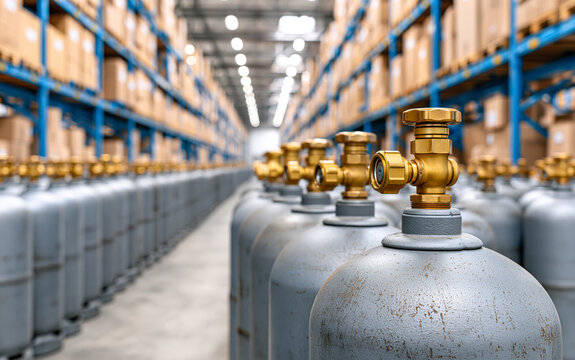 Rows of grey propane gas cylinders in industrial warehouse storage