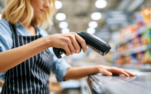 Cashier hand holding barcode scanner to scan product in supermarket