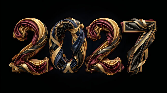 Elegant 3D typography of the year 2027 formed by flowing silk ribbons in gold and deep red, isolated on transparent background for luxury New Year celebration.