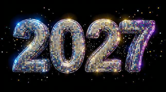 Sparkling 3D bold 2027 numbers with glittery sequin texture and festive confetti, isolated on transparent background for New Year celebration design projects.