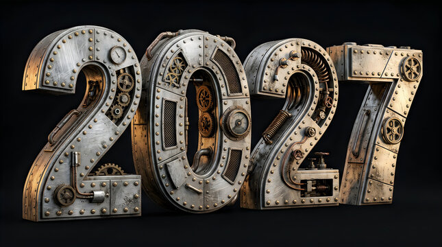 Steampunk 3D typography of the year 2027 constructed from intricate metal gears, cogs, and machinery, isolated on transparent background for industrial design.